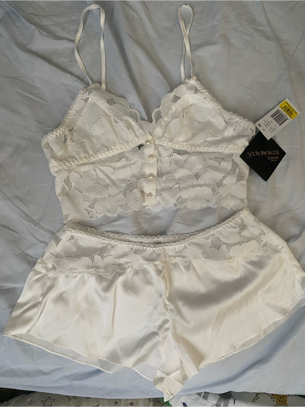 Seductionea Ivory Lace & Satin Pajama Set - Bralette and Shorts